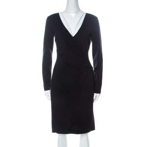 Pre Owned Emporio Armani Navy Blue Knit Ruched Faux Wrap Dress M