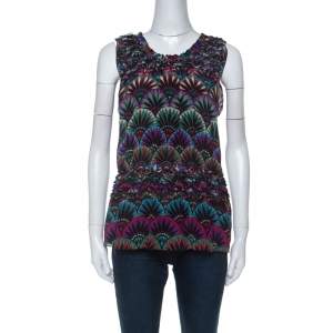 Pre Owned Emporio Armani Multicolor Floral Print Silk Elasticized Ruffle Detail Sleeveless Top S