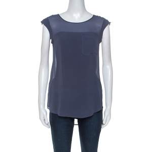 Pre Owned Emporio Armani Sage Blue Silk Cap Sleeve Sheer Top S