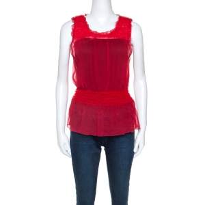 Pre Owned Emporio Armani Red Chiffon Elasticized Ruffle Sheer Sleeveless Top S