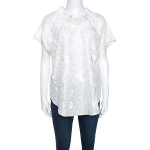 Pre Owned Emporio Armani Ivory Silk Floral Embroidered Top L