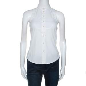 Pre Owned Emporio Armani White Cotton Blend Sleevless Button Front Top S