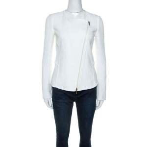 Pre Owned Emporio Armani White Waffle Knit Asymmetric Zip Front Blazer M