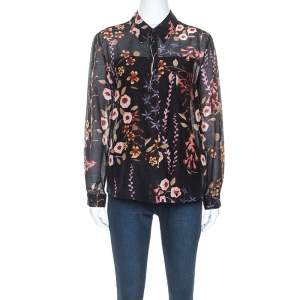 Pre Owned Emporio Armani Black Floral Print Sheer Cotton and Silk Button Front Shirt M