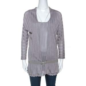 Pre Owned Emporio Armani Grey Crochet Knit Top and Cardigan Set L