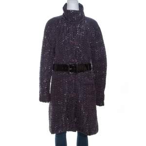 Pre Owned Emporio Armani Metallic Purple Textured Belted Coat M 