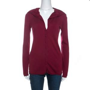 Pre Owned Emporio Armani Burgundy Cashmere Blend Ruffled Collar Cardigan M 