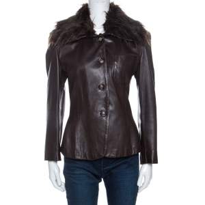 Pre Owned Emporio Armani Brown Leather Fur Collared Vintage Jacket M