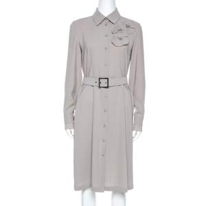 Pre Owned Emporio Armani Grey Crepe Floral Applique Detail Belted Dress S 