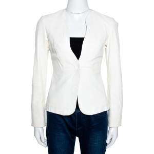 Pre Owned Emporio Armani Cream Leather Single Button Blazer S