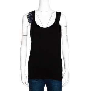 Pre Owned Emporio Armani Black Jersey Beaded Butterfly Applique Top M