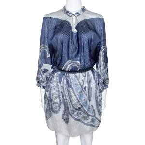 Pre Owned Emporio Armani Navy Blue Printed Silk Belted Short Dress M 