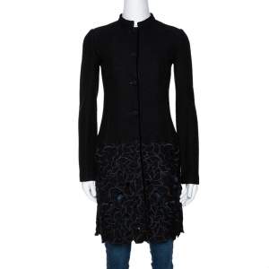 Pre Owned Emporio Armani Black Wool Cutout Detail Mid Length Coat S