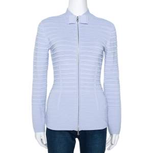Pre Owned Emporio Armani Lilac Rib Knit Bow Detail Zip Front Cardigan S