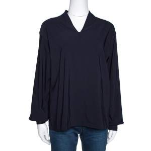 Pre Owned Emporio Armani Navy Blue Crepe Long Sleeve Blouse M 