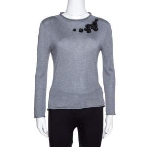 Pre Owned Emporio Armani Grey Cashmere Blend Floral Applique Long Sleeve Top S 