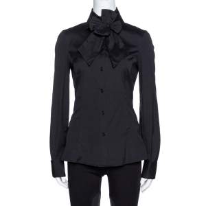 Pre Owned Emporio Armani Black Stretch Cotton Bow Detail Shirt M