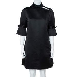 Pre Owned Emporio Armani Black Silk Blend Mock Neck Bow Sleeve Detail Midi Dress L