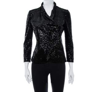 Pre Owned Emporio Armani Black Sequin Embellished Velvet Double Breasted Jacket M