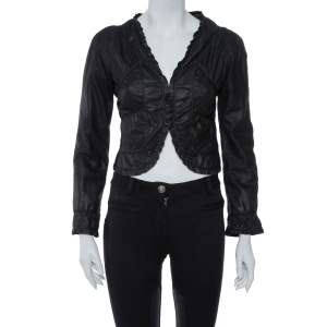 Pre Owned Emporio Armani Black Leather Ruffled Crop Jacket M
