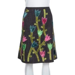 Pre Owned Emporio Armani Grey Wool Floral Appliqued A-Line Skirt M