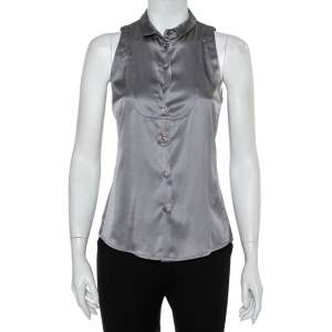 Pre Owned Emporio Armani Grey Silk Satin Button Front Paneled Sleeveless Shirt M