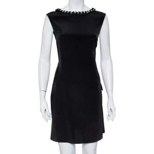 Pre Owned Emporio Armani Black Silk Embellished Neck Detail Shift Dress M