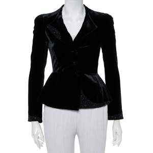 Pre Owned Emporio Armani Vintage Black Velvet Embellished Detail Button Front Blazer S