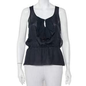 Pre Owned Emporio Armani Dark Green Silk Ruffle Detail Sleeveless Top M