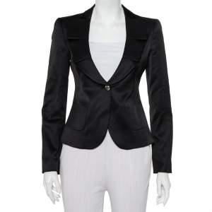 Pre Owned Emporio Armani Black Sateen Pleated Collar Detail Button Front Blazer M