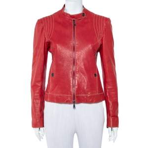 Pre Owned Emporio Armani Red Leather Zip Front Jacket M