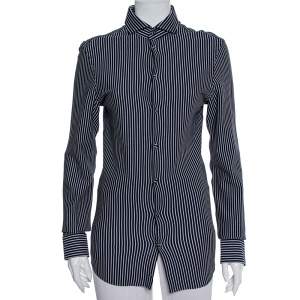 Pre Owned Emporio Armani Navy Blue Striped Cotton Knit Button Front Shirt S