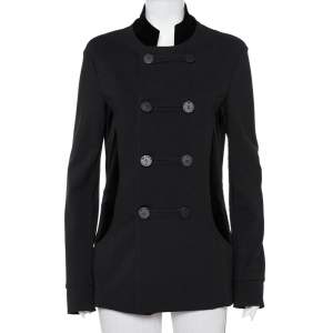 Pre Owned Emporio Armani Black Knit & Velvet Paneled Double Breasted Short Coat M