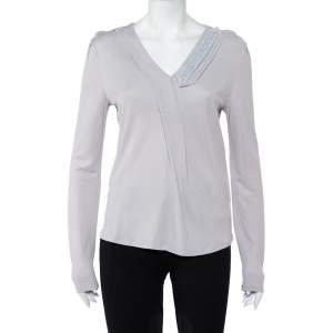 Emporio Armani Grey Knit Draped Detail Long Sleeve Top L