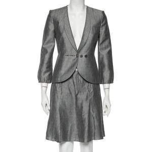 Pre Owned Emporio Armani Grey Linen Button Front Blazer & A- Line Skirt S