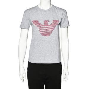 Pre Owned Emporio Armani Grey Cotton Logo Embroidered Crew Neck T-Shirt S