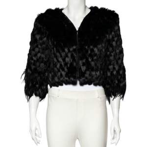 Pre Owned Emporio Armani Black Fur And Feather Trim Hook Front Shrug S