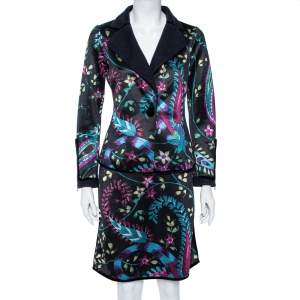 Pre Owned Emporio Armani Black Floral Printed Synthetic Single Buttoned Blazer & Skirt Set S