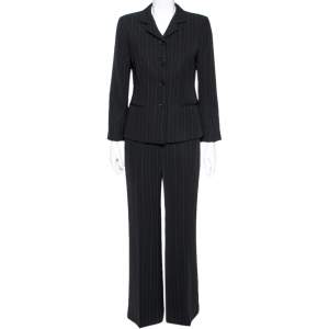 Pre Owned Emporio Armani Black Pinstriped Crepe Single Breasted Suit M