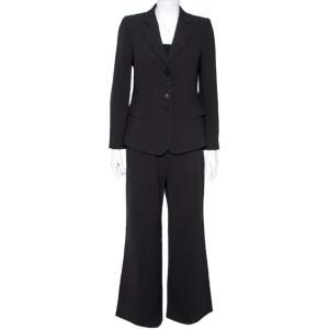 Pre Owned Emporio Armani Black Textured Crepe Padded Shoulder Detail Tailored Suit M
