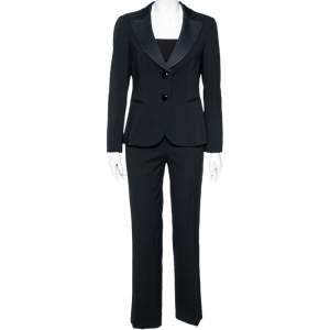 Pre Owned Emporio Armani Black Textured Crepe & Satin Trimmed Single Breasted Suit M