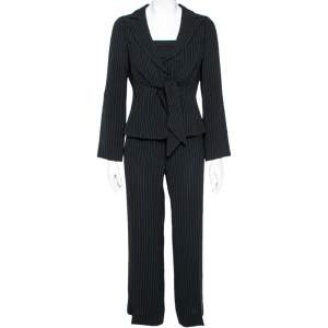 Pre Owned Emporio Armani Black Pinstriped Crepe Front Tie Detail Single Breasted Suit M