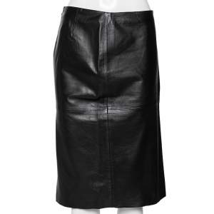 Pre Owned Emporio Armani Vintage Black Leather Knee Length Skirt M
