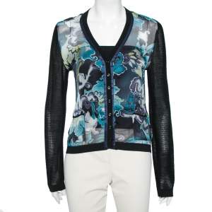 Pre Owned Emporio Armani Black & Blue Printed Silk Paneled Knit Cardigan M