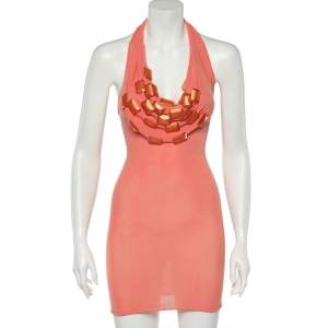 Pre Owned Emporio Armani Orange Knit Embellished Detail Halter Neck Mini Dress S
