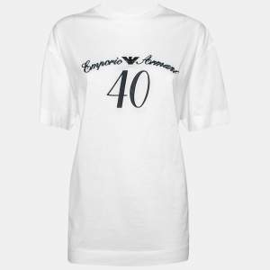 Pre Owned Emporio Armani White Cotton Logo Embroidered Crew Neck Top XL