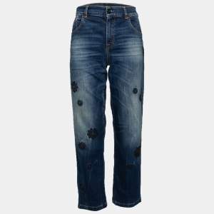 Pre Owned Emporio Armani Blue Denim Floral Embroidered Jeans S
