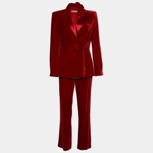Pre Owned Emporio Armani Red Velvet Rose Appliqued Jacket & Pant Set M