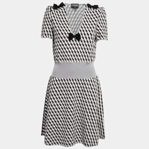 Pre Owned Emporio Armani Grey Patterned Knit Bow Detail Dress L
