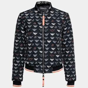 Pre Owned Emporio Armani Black Logo Printed Quilted Synthetic Bomber Jacket S